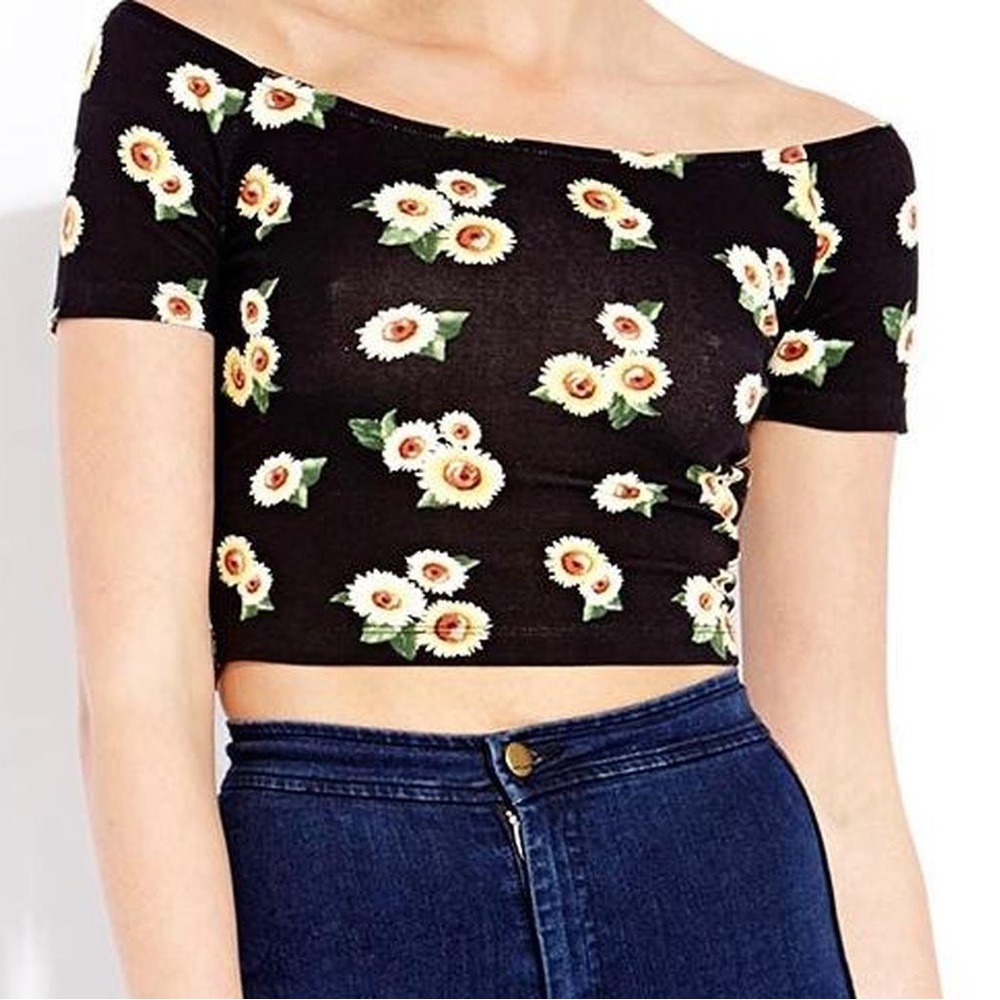 Forever 21 sunflower black & yellow short sleeve off shoulder crop top